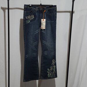d. jeans jeans boho embroidered flared bootcut stretchy distressed sequins new